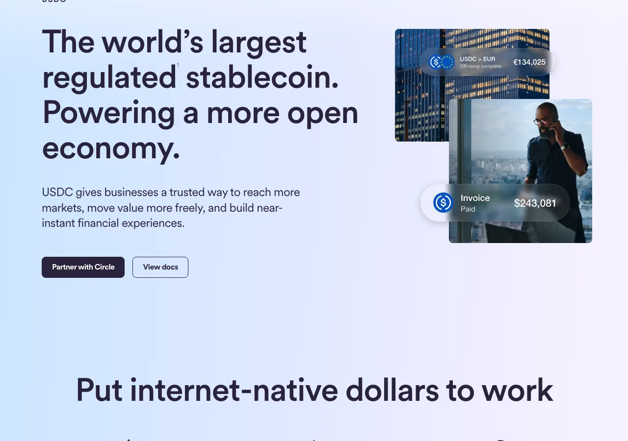 Captura real de la página oficial de Circle sobre USDC, donde describe el respaldo y el alcance de la stablecoin