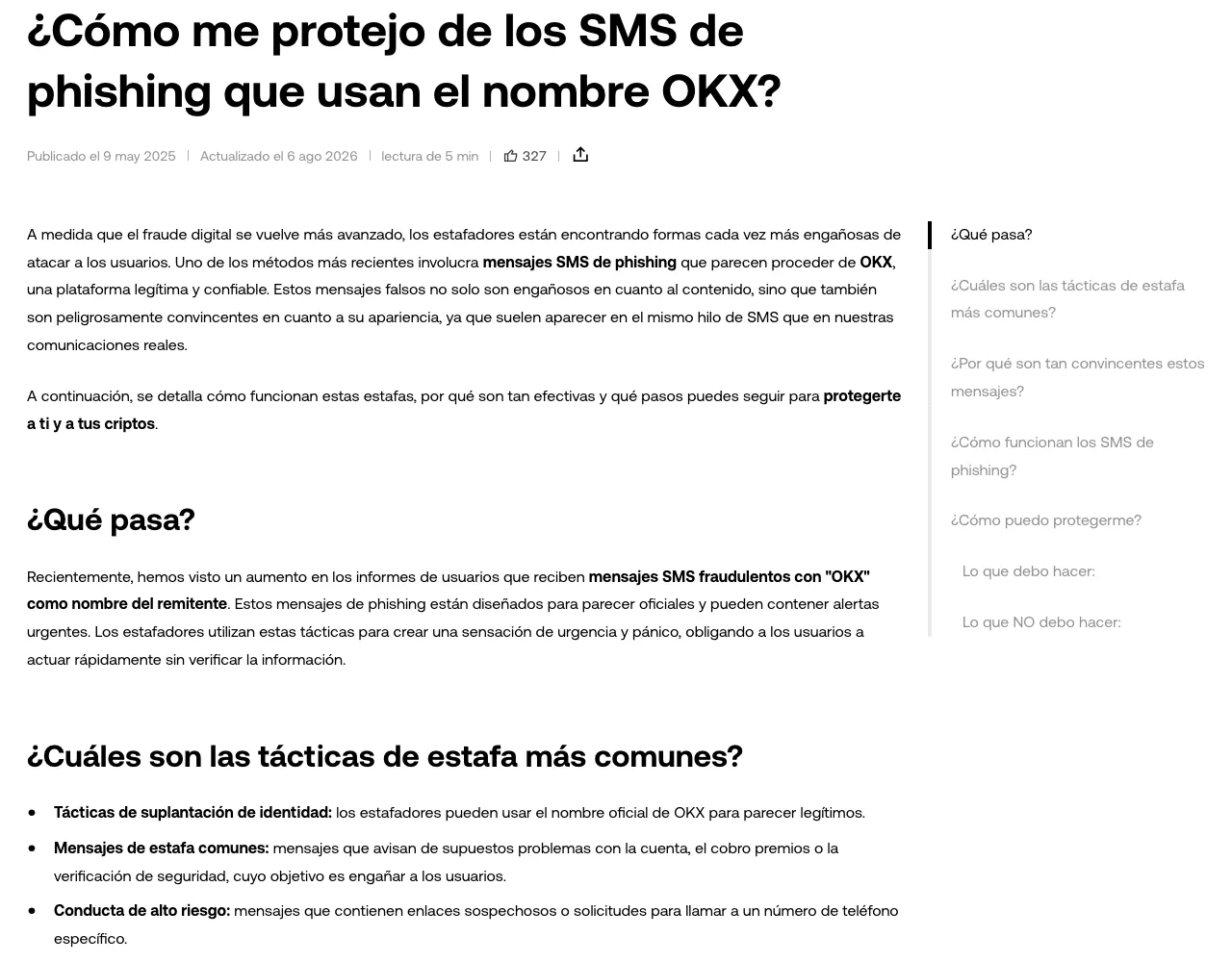 Captura real de la guía oficial de OKX sobre cómo protegerse de los SMS de phishing que usan el nombre de la plataforma