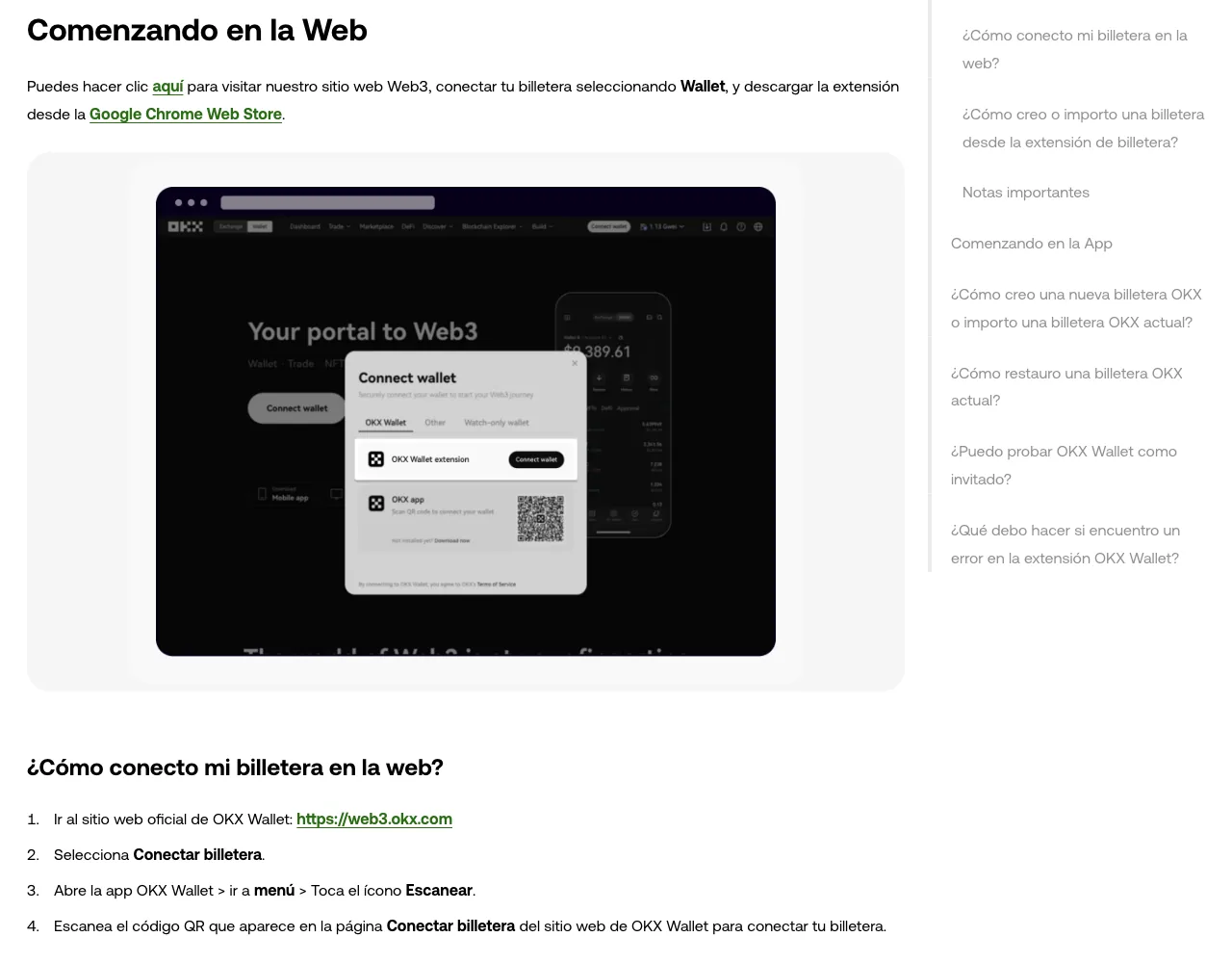 Captura real de la guía oficial de OKX sobre cómo crear o importar una billetera, tomada sin iniciar sesión