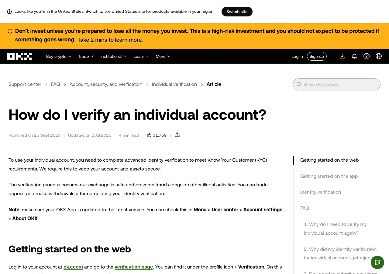 Captura real de la página oficial de OKX que explica la verificación de una cuenta individual