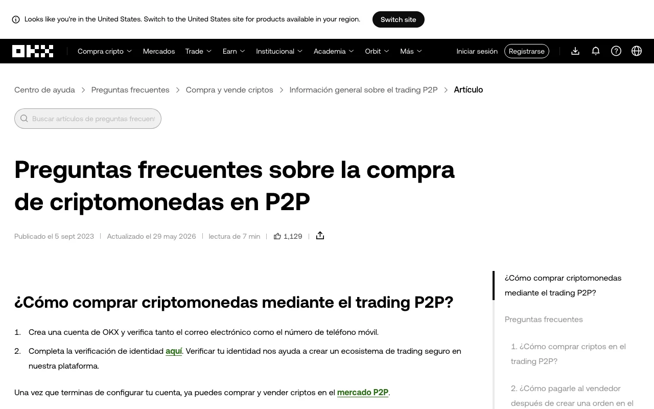 Captura real de la guía pública de OKX sobre compra de criptomonedas mediante P2P, con requisitos de cuenta y verificación