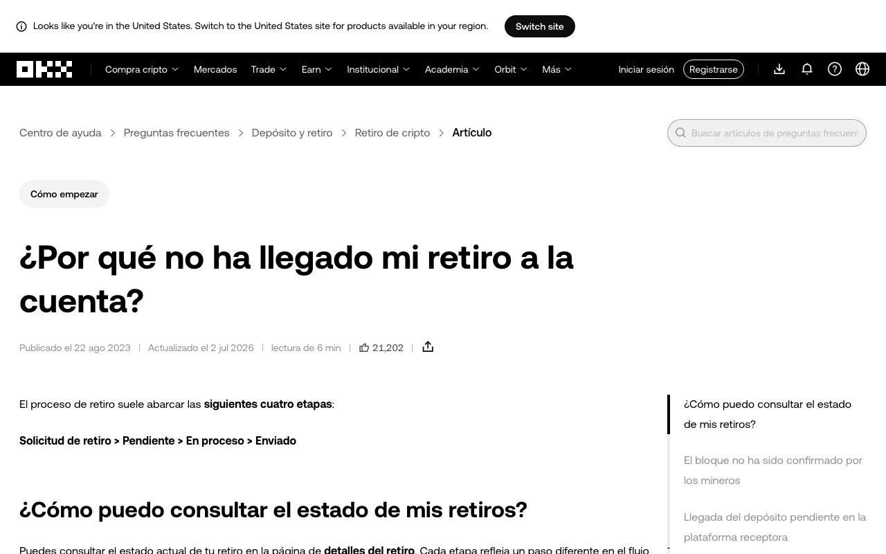 Captura real de la guía oficial de OKX que muestra las etapas de un retiro y cómo consultar su estado