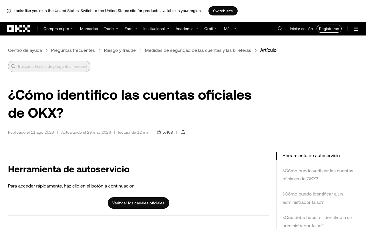 Captura real de la guía oficial de OKX para identificar cuentas y canales oficiales, tomada sin ingresar datos ni iniciar sesión