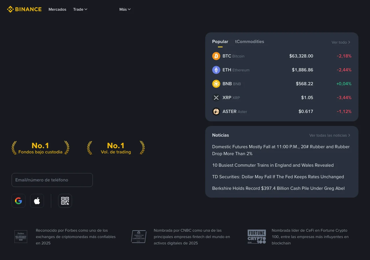 Captura real de la página pública de Binance en español para Argentina, tomada sin iniciar sesión y sin datos personales