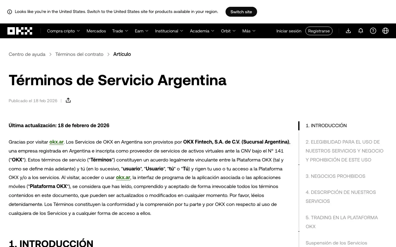 Captura real de los Términos de Servicio de OKX Argentina, donde se identifica la sucursal local y su registro PSAV número 141