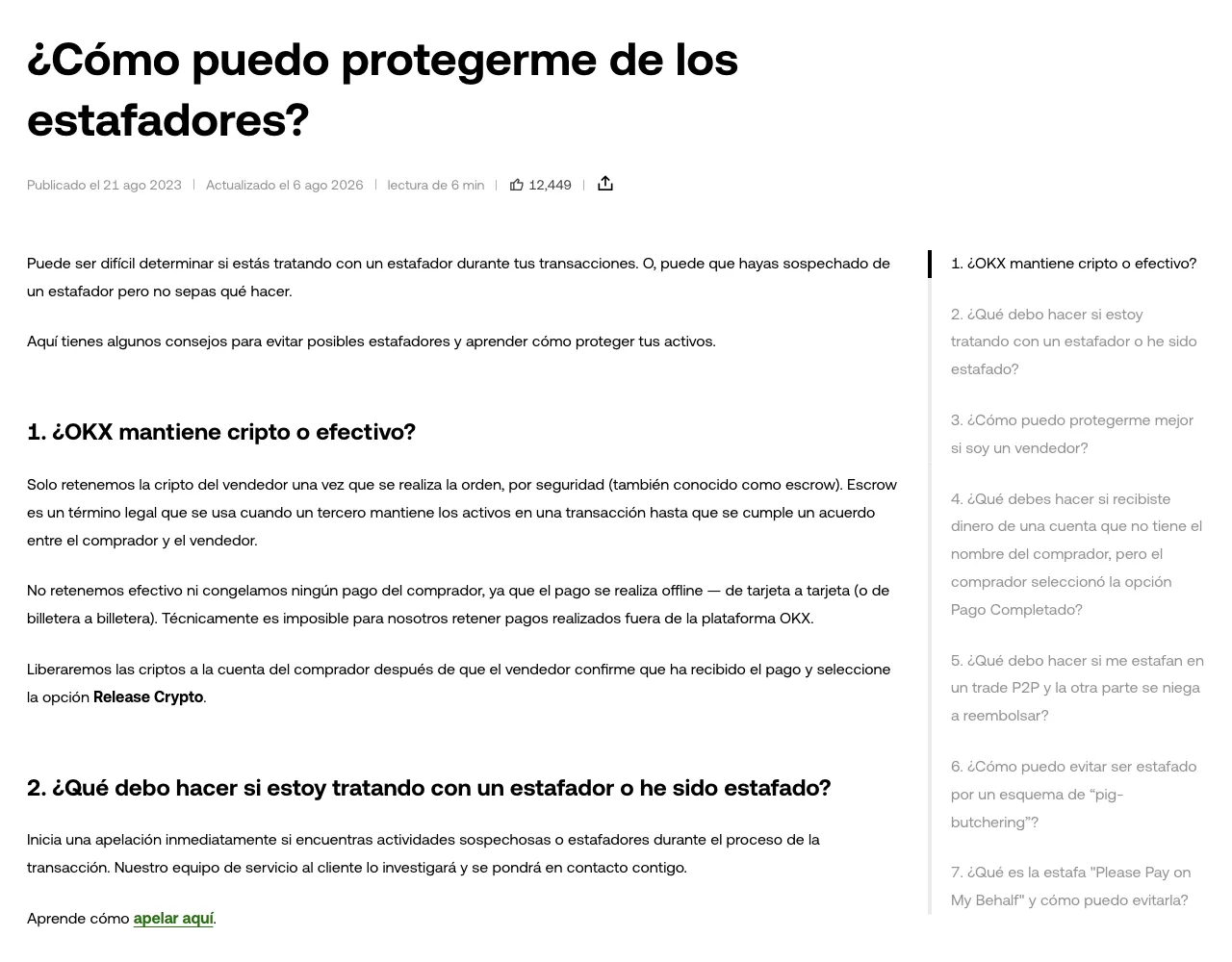 Captura real de la guía oficial de OKX sobre cómo protegerse de los estafadores, con las tácticas más frecuentes