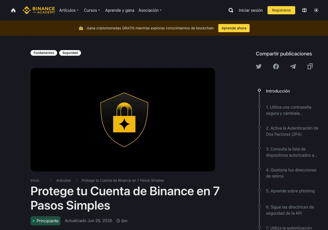 Captura real del artículo oficial de Binance Academy sobre seguridad de la cuenta, con pasos sobre 2FA, dispositivos, retiros y phishing