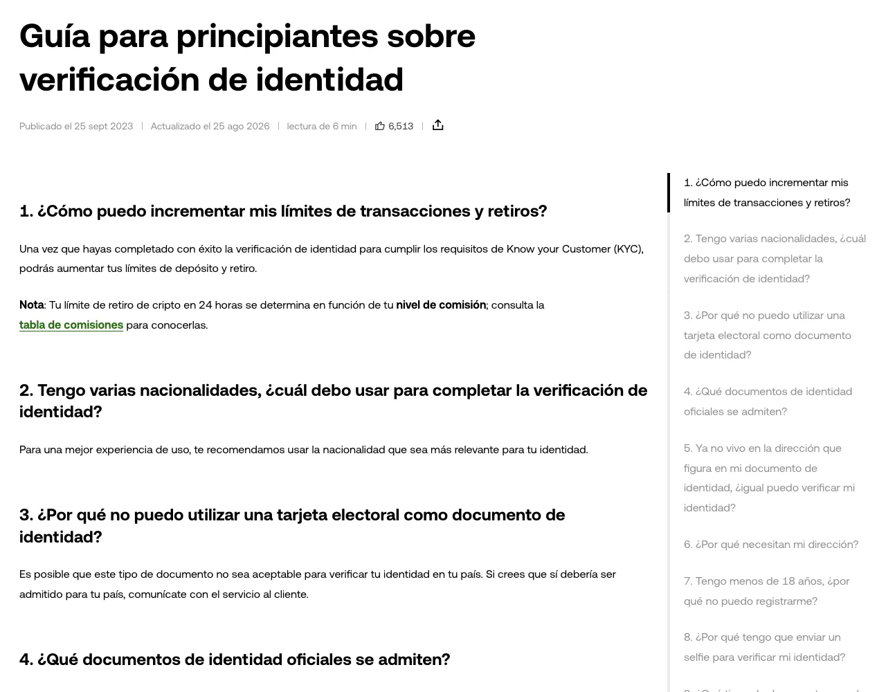 Captura real de la guía oficial de OKX para principiantes sobre verificación de identidad, con preguntas frecuentes sobre límites y documentos
