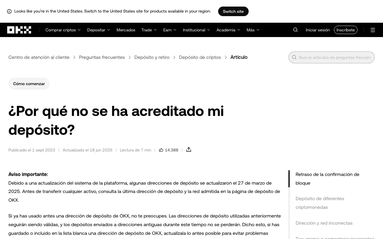 Captura real de la guía oficial de OKX sobre depósitos no acreditados, donde enumera confirmaciones, activo, red y memo