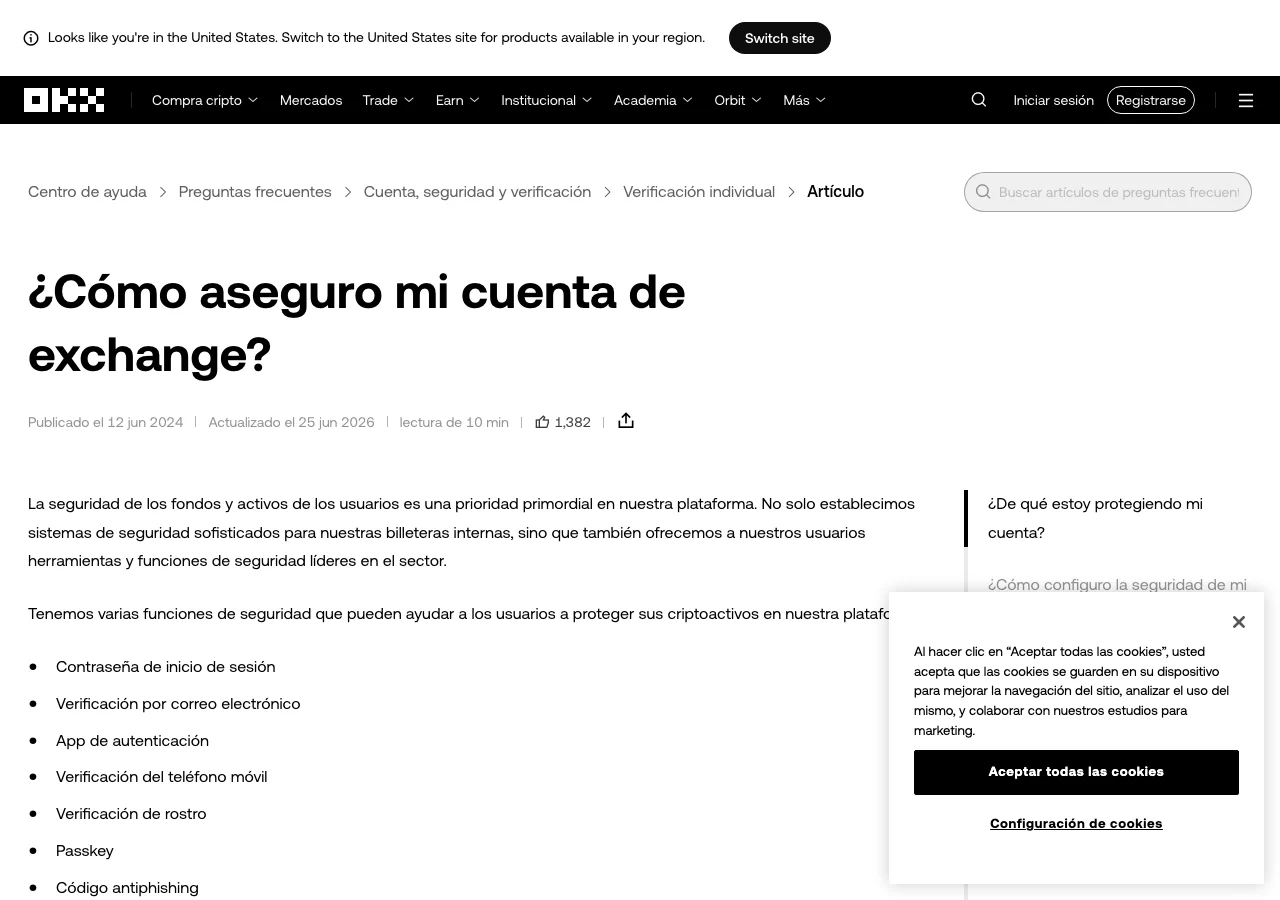 Captura real de la guía oficial de seguridad de OKX, con opciones de autenticación, passkey y código antiphishing