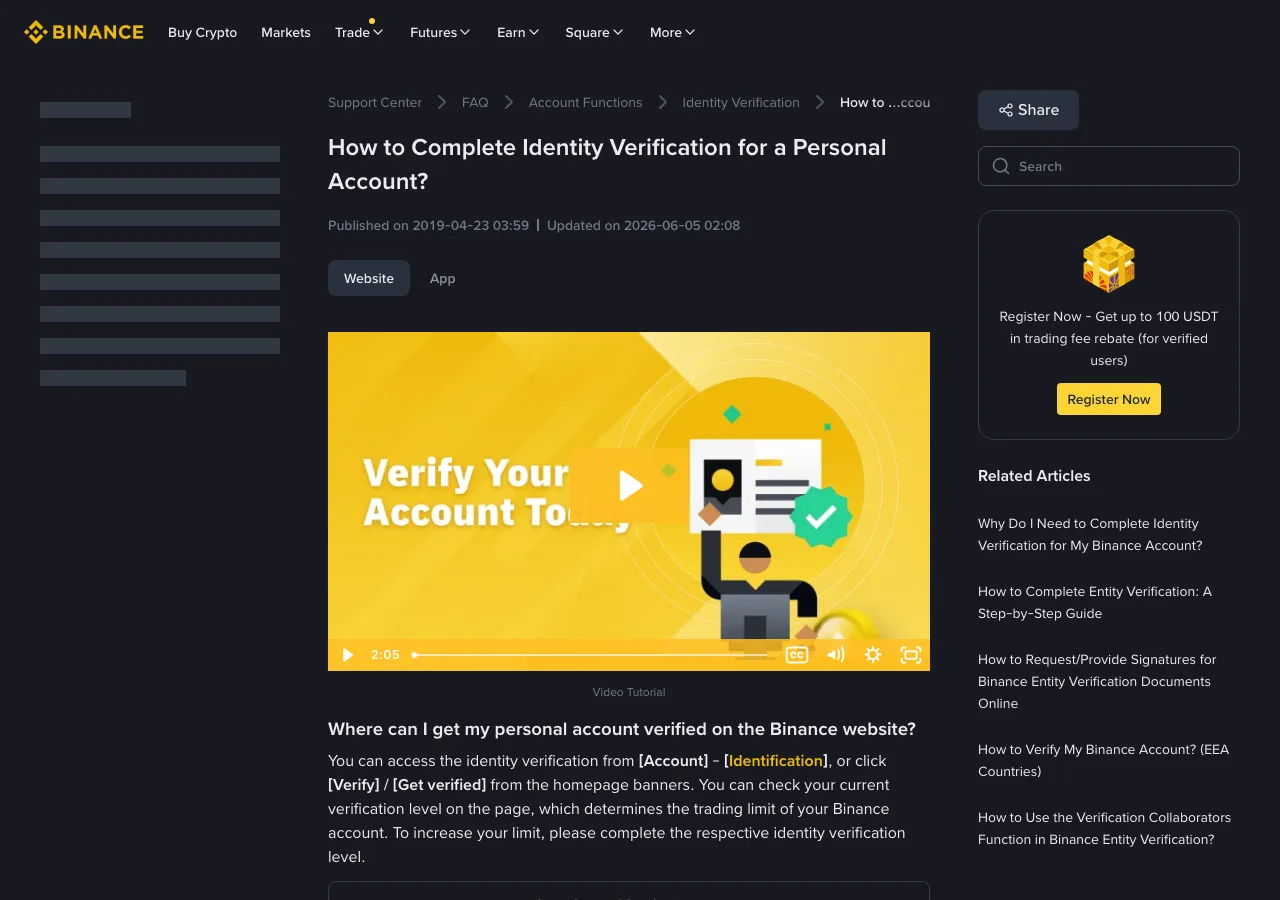 Captura real de la guía oficial de Binance con el acceso a Identificación y el inicio del proceso de verificación