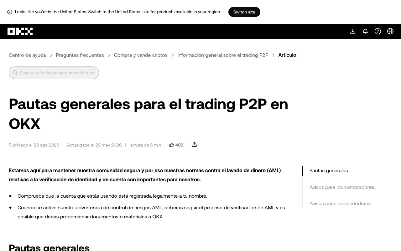 Captura real de las pautas públicas de OKX para trading P2P, donde se destacan la identidad y los controles contra lavado de dinero
