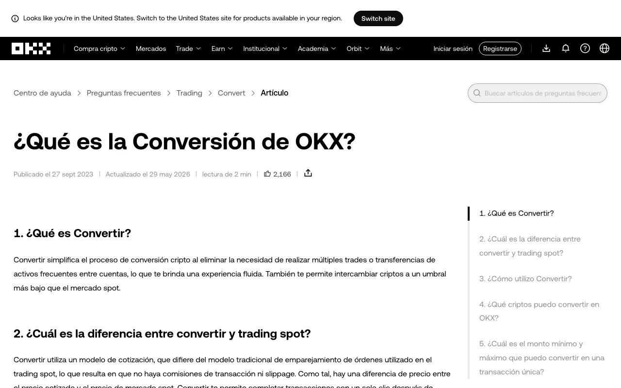 Captura real de la guía oficial de OKX sobre Convert, donde explica su modelo de cotización y la diferencia con el libro de órdenes Spot
