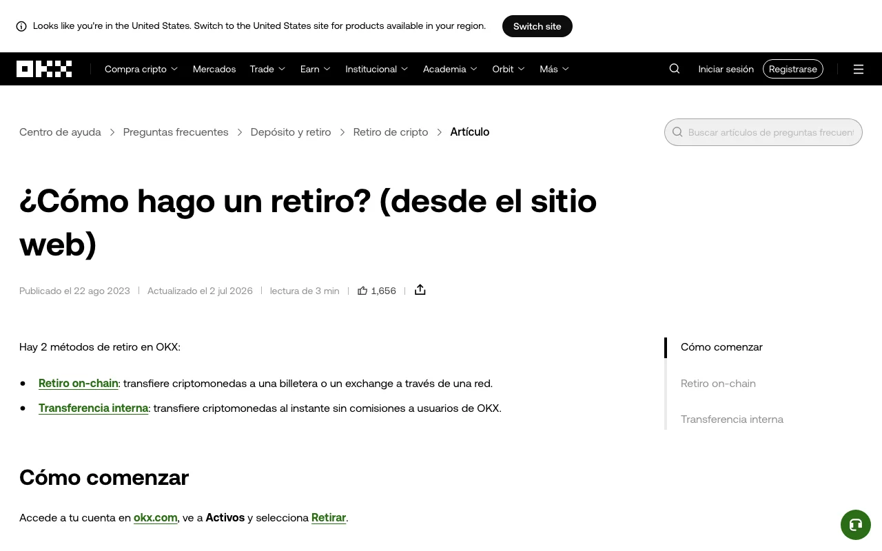 Captura real de la guía oficial de OKX para retiros desde la web, donde diferencia retiro on-chain y transferencia interna